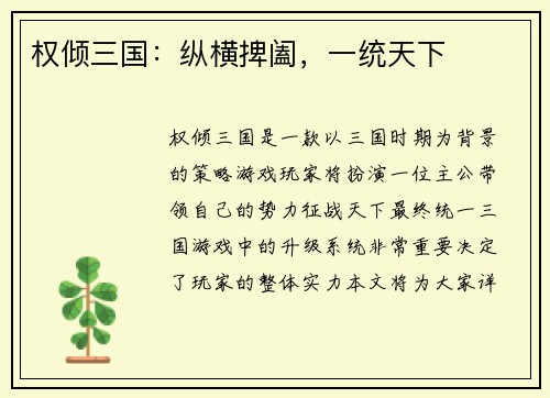 权倾三国：纵横捭阖，一统天下